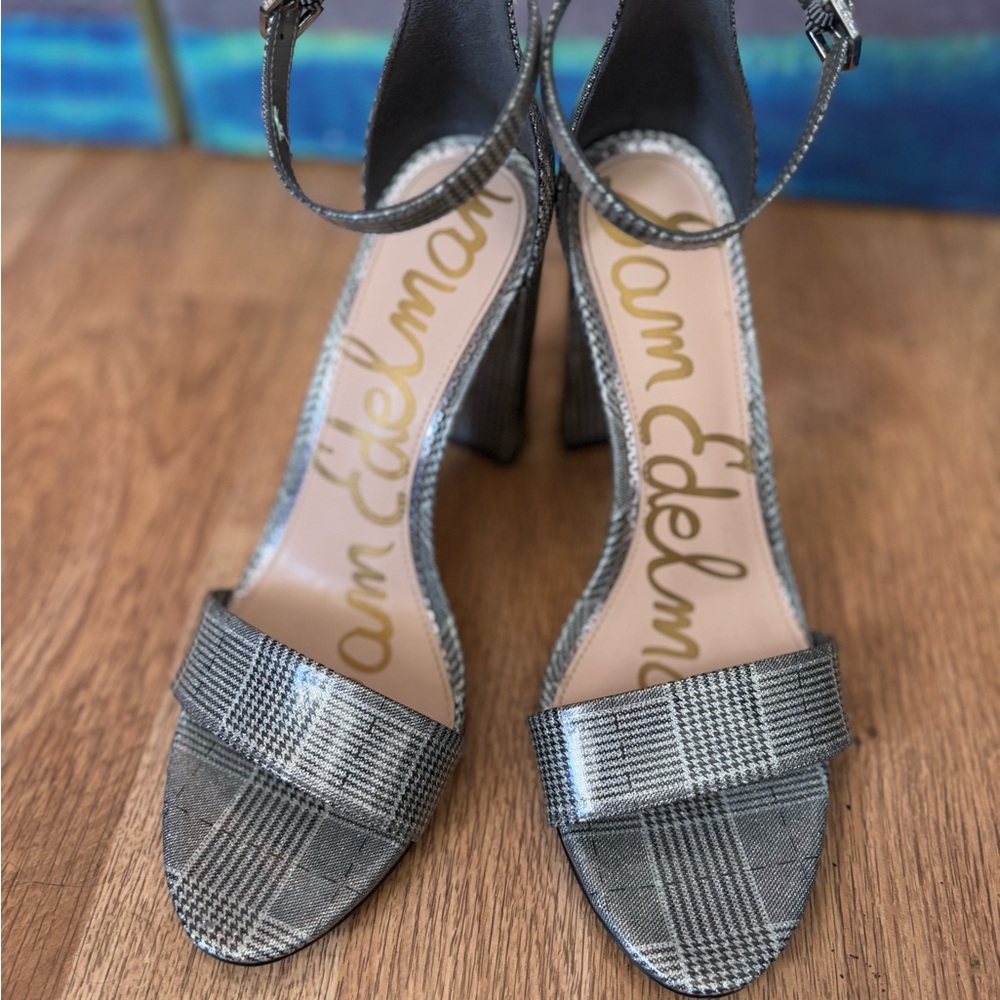 Sam Edelman Yaro Gray and Silver Plaid Ankle-Strap Block Heel Sandals - Size 8